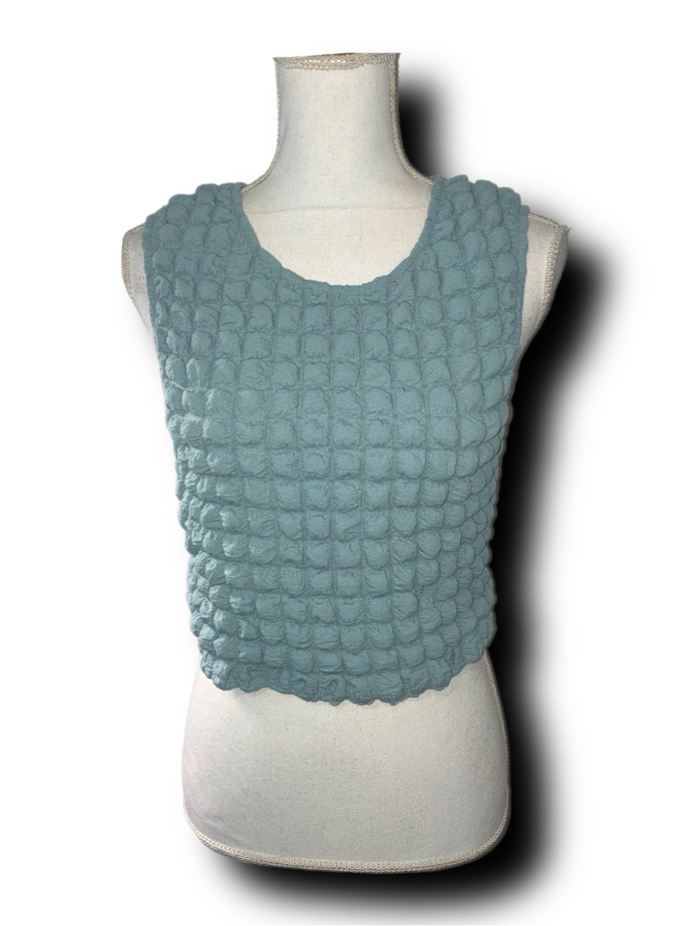 Le Lis Sea Glass Blue Textured Bubble Popcorn Cropped Tank Top